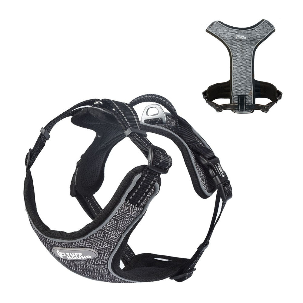 Black TuffHound Prime™ - Dog Harness with 3d and bottom view on a white background.