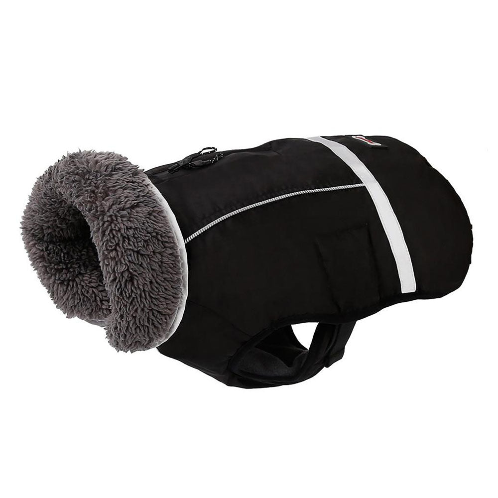 Black DogSki Max Winter Coat with Leash/Harness Port, underneath buckles and fur collar in profile on white background.