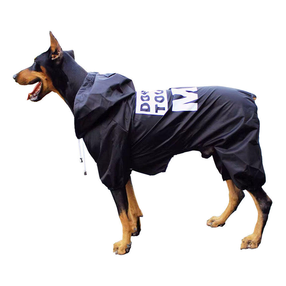 Black/brown large dog in profile in a black Menace™ - Matching Dog & Owner Raincoat, Medium and Large Dogs with hood and legs on a white background.