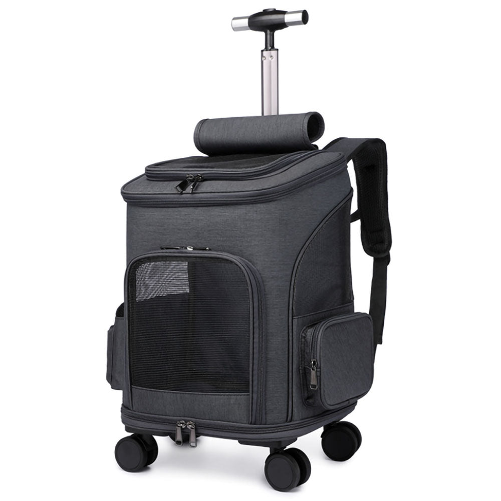 Dark gray Lithe Pet Carrier Backpack - Wheeled Airline-Approved with handle, wheels and side pockets on a white background
