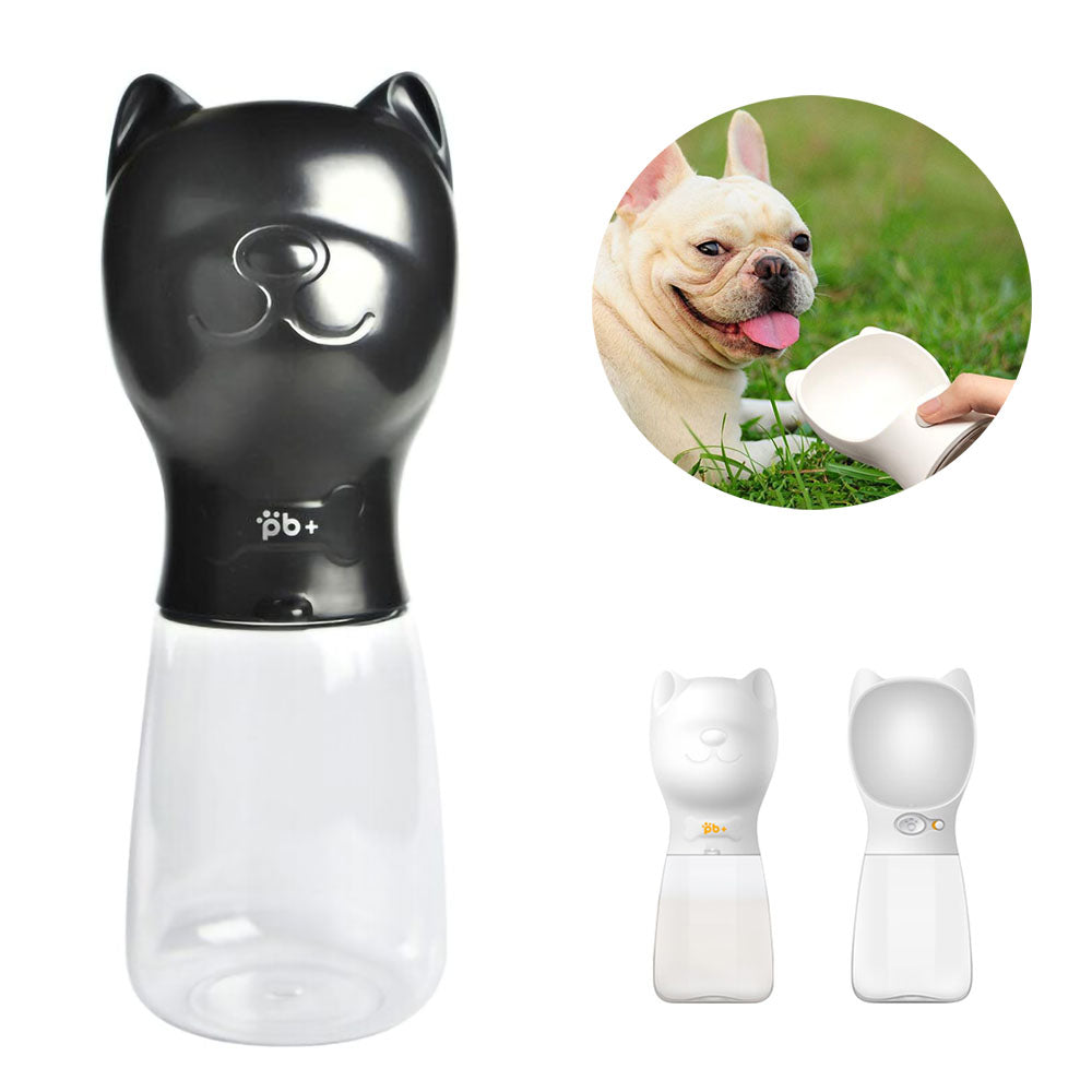 Black pet water bottle designed for bulldogs on white background together with 2 white Bulldog™ - Pet Water Bottles front and back shown and a bulldog being offered to dring from a white Bulldog™ - Pet Water Bottle