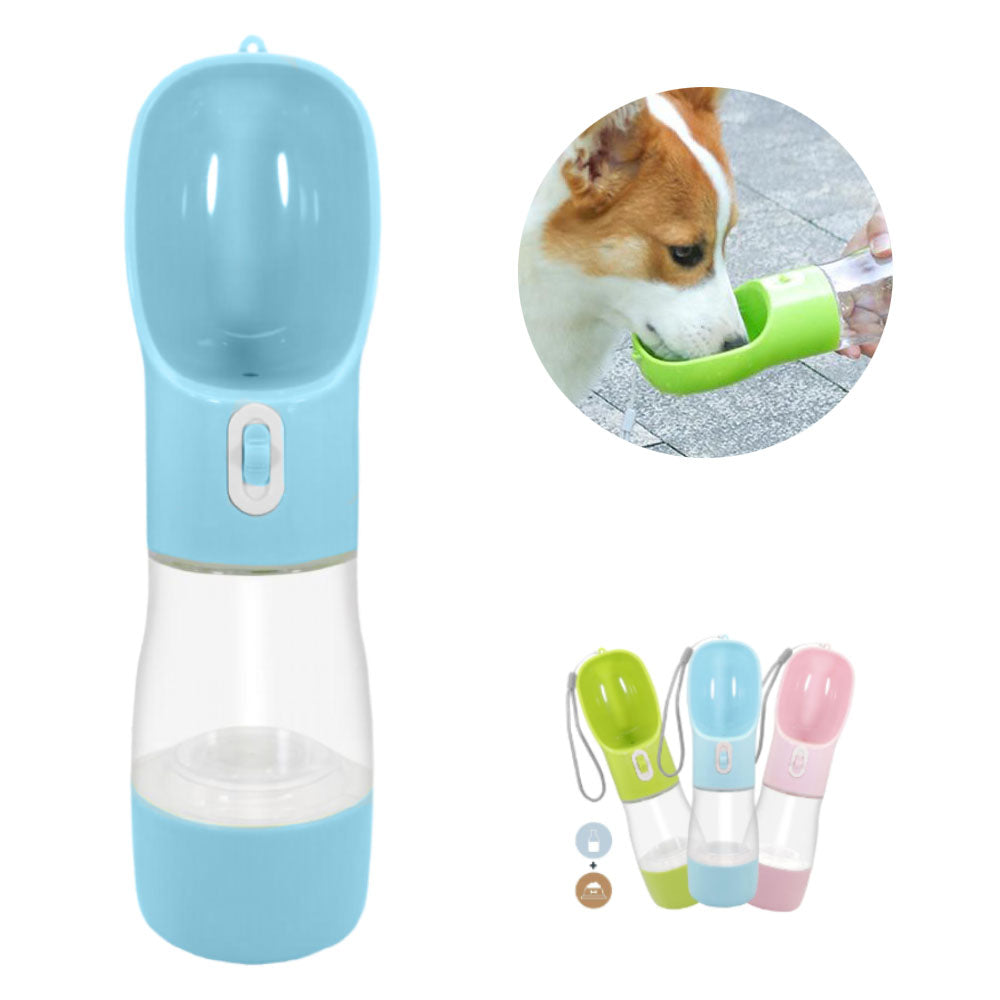 Blue Treats™ - Multipurpose Pet Water Bottle with a green, blue and pink Treats™ - Multipurpose Pet Water Bottle on a white background a small dog drinking water out of a green Treats™ - Multipurpose Pet Water Bottle on a vivid background.