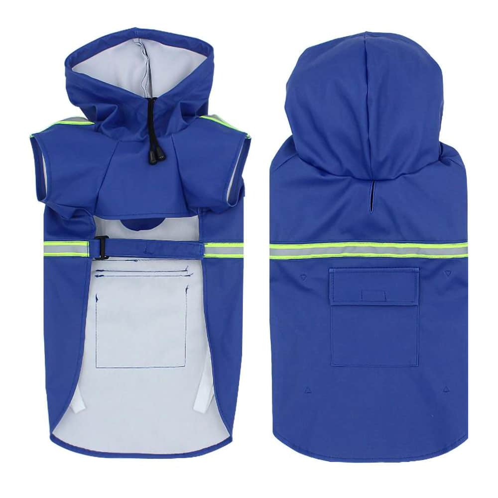 Front and back view of a blue Dog Raincoat With Leash/Harness Port and hood on a white background. 