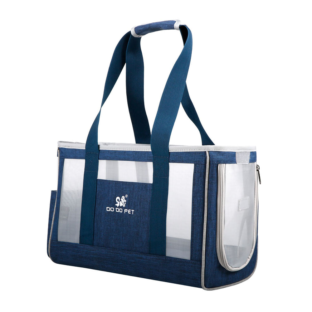 Blue Dodo Pet Tote Bag Carrier with mesh windows and zip-up opening and handle for carrying on a white background.
