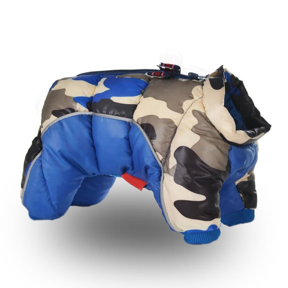 Blue DogSki Suit™ - Waterproof Winter Jacket Harness for Small to Medium Dogs with leash attachment on white background