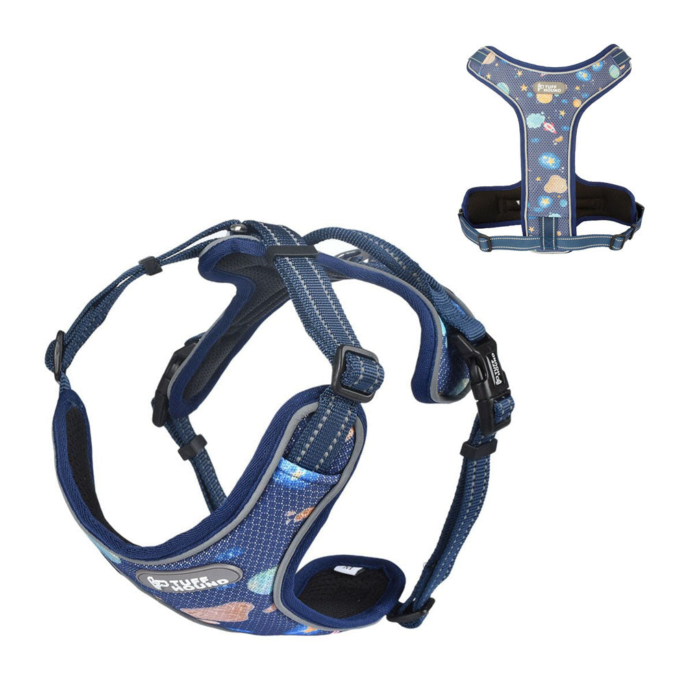 Blue TuffHound Prime™ - Dog Harness with 3d and bottom view on a white background.