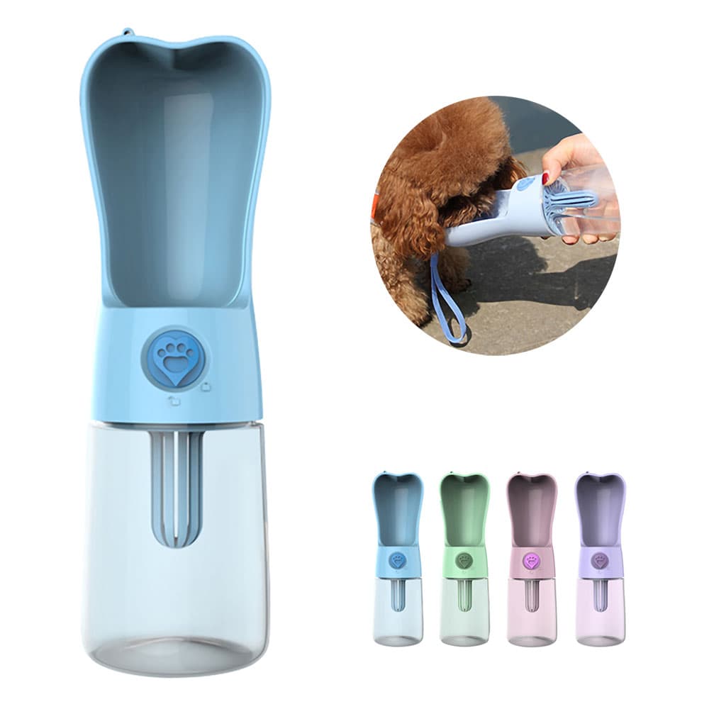 Blue Heart™ - Pet Water Bottle with also a blue, green, pink and purple Heart™ - Pet Water Bottle on a white background and a small brown dog drinking water out of a blue Heart™ - Pet Water Bottle on a vivid background.