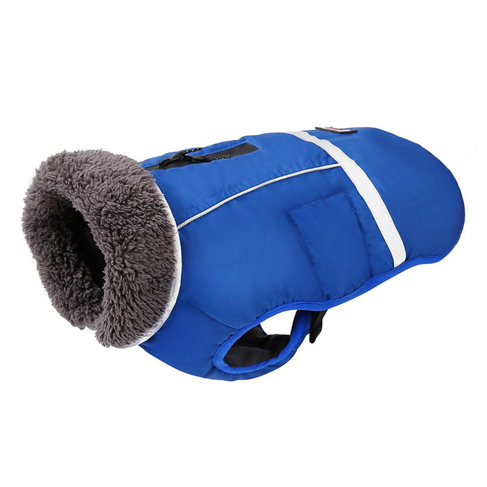 Blue DogSki Max Winter Coat with Leash/Harness Port, underneath buckles and fur collar in profile on white background.