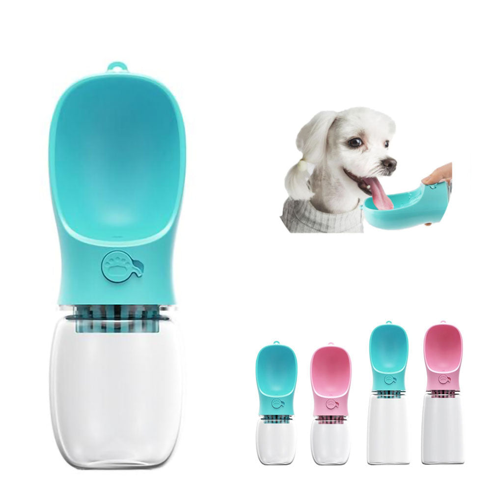 Blue portable pet water bottle with activated charcoal filter size small on white background; Small white dog drinking water from blue portable pet water bottle with activated charcoal filter size small; blue and pink portable pet water bottles with activated charcoal filter variants small on white background, blue and pink portable pet water bottles with activated charcoal filter variants large on white background
