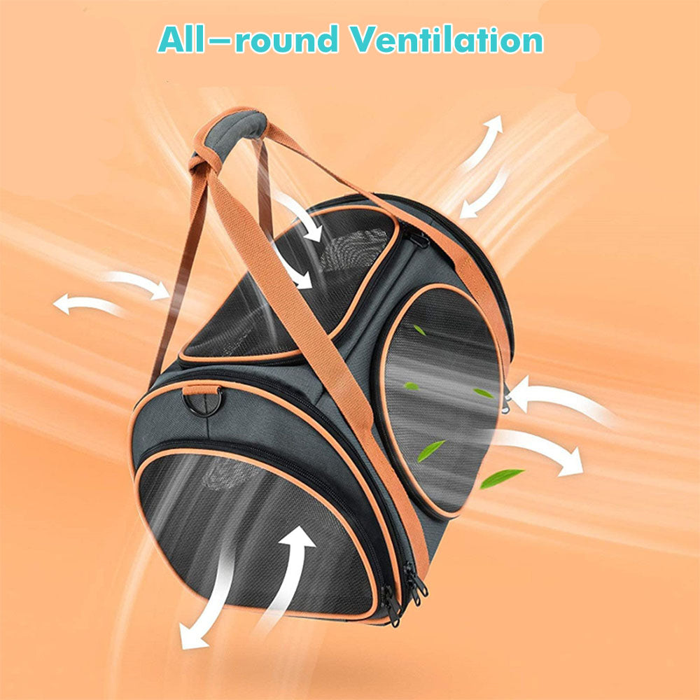 A charter pet airline-approved soft travel carrier with 5 mesh windows, 4 zip up entrances with arrows pointing out the all-around ventilation and breathability of the openings and with the lead for carrying purposes showing on orange background.