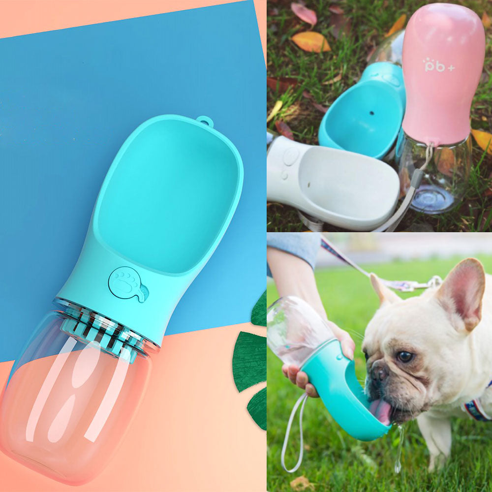 Blue portable pet water bottle with activated charcoal filter size small on pink and blue background; Blue, pink and white pet water bottles with activated charcoal filter size small; French bulldog on grass drinking water from blue portable pet water bottle with activated charcoal filter size small