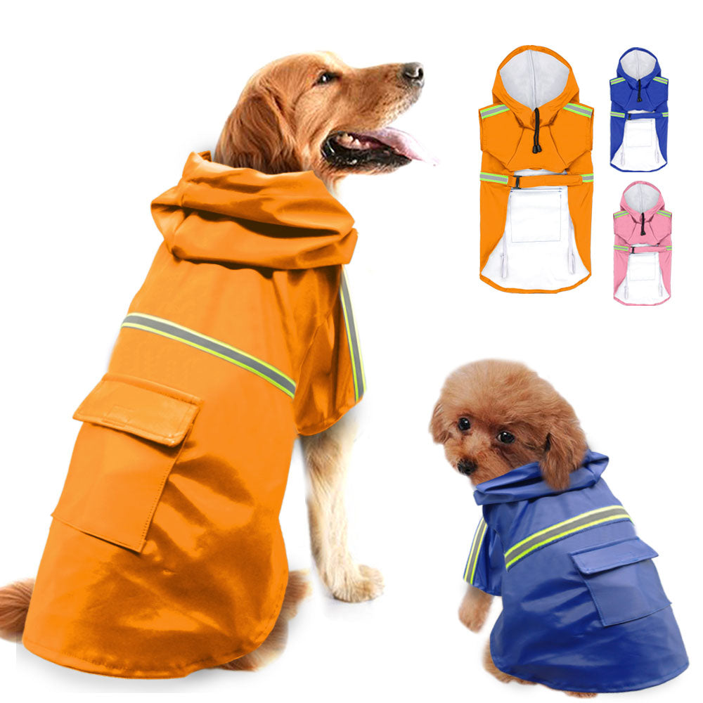 Large yellow dog in an orange Large lab dog in a blue Rainaway™ - Dog Raincoat With Leash/Harness Port and hood and a small brown dog in a blue Large lab dog in a blue Rainaway™ - Dog Raincoat With Leash/Harness Port and hood. Orange, blue and pink Large lab dog in a blue Rainaway™ - Dog Raincoat With Leash/Harness Port and hood front facing layout on a white background .