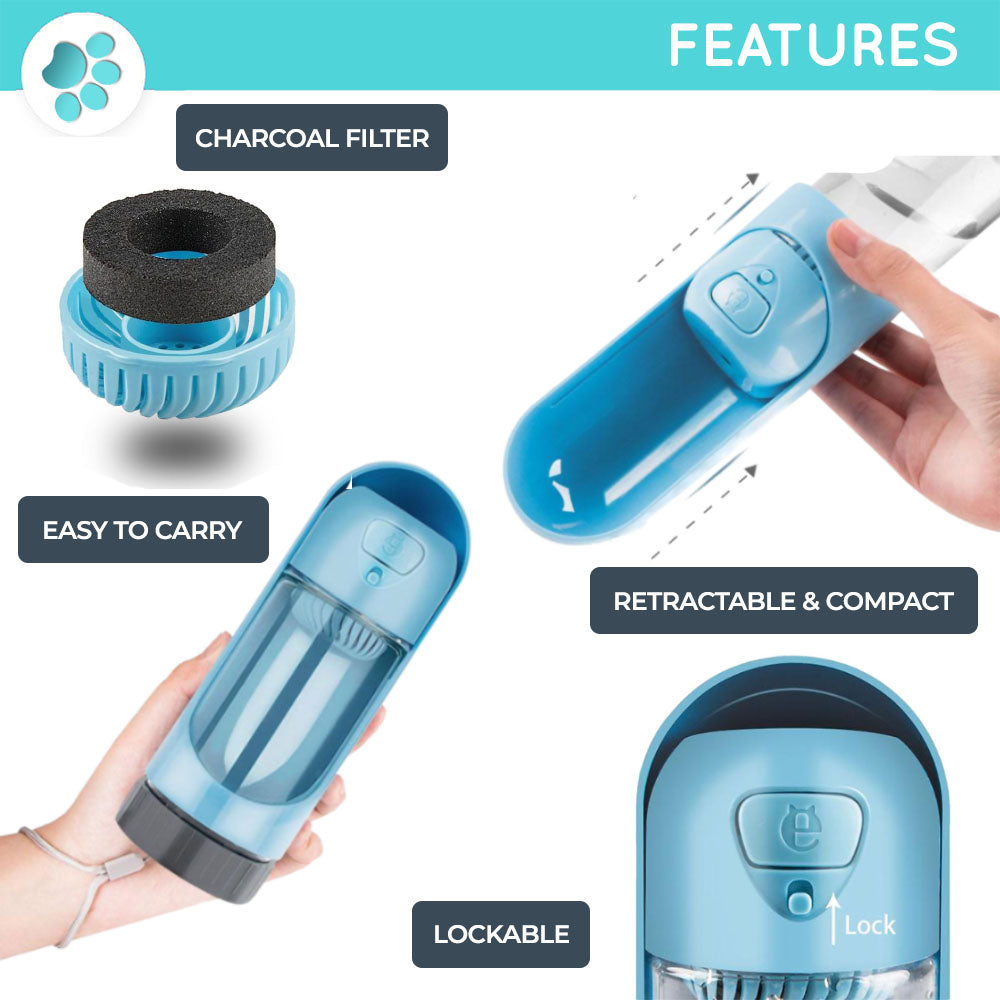 Blue portable, leak-proof pet water bottle with activated carbon (charcoal) filter on white background demonstrating its features - charcoal filter, easy to carry, retractable and compact, lockable