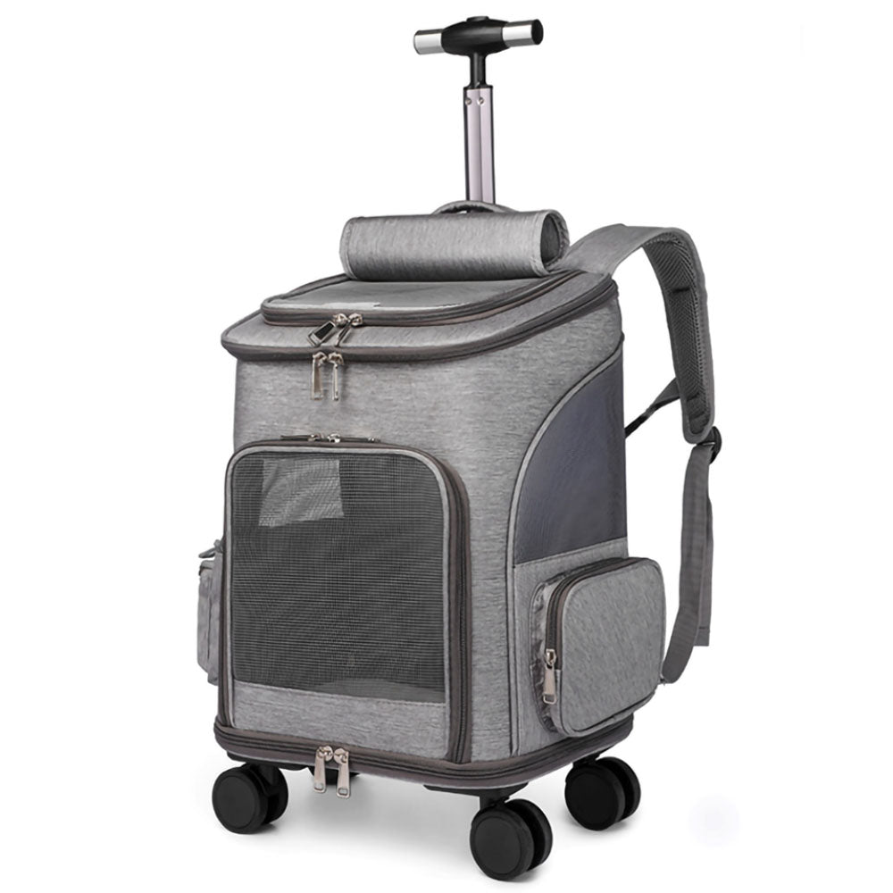 Light gray Lithe Pet Carrier Backpack - Wheeled Airline-Approved with handle, wheels and side pockets on a white background