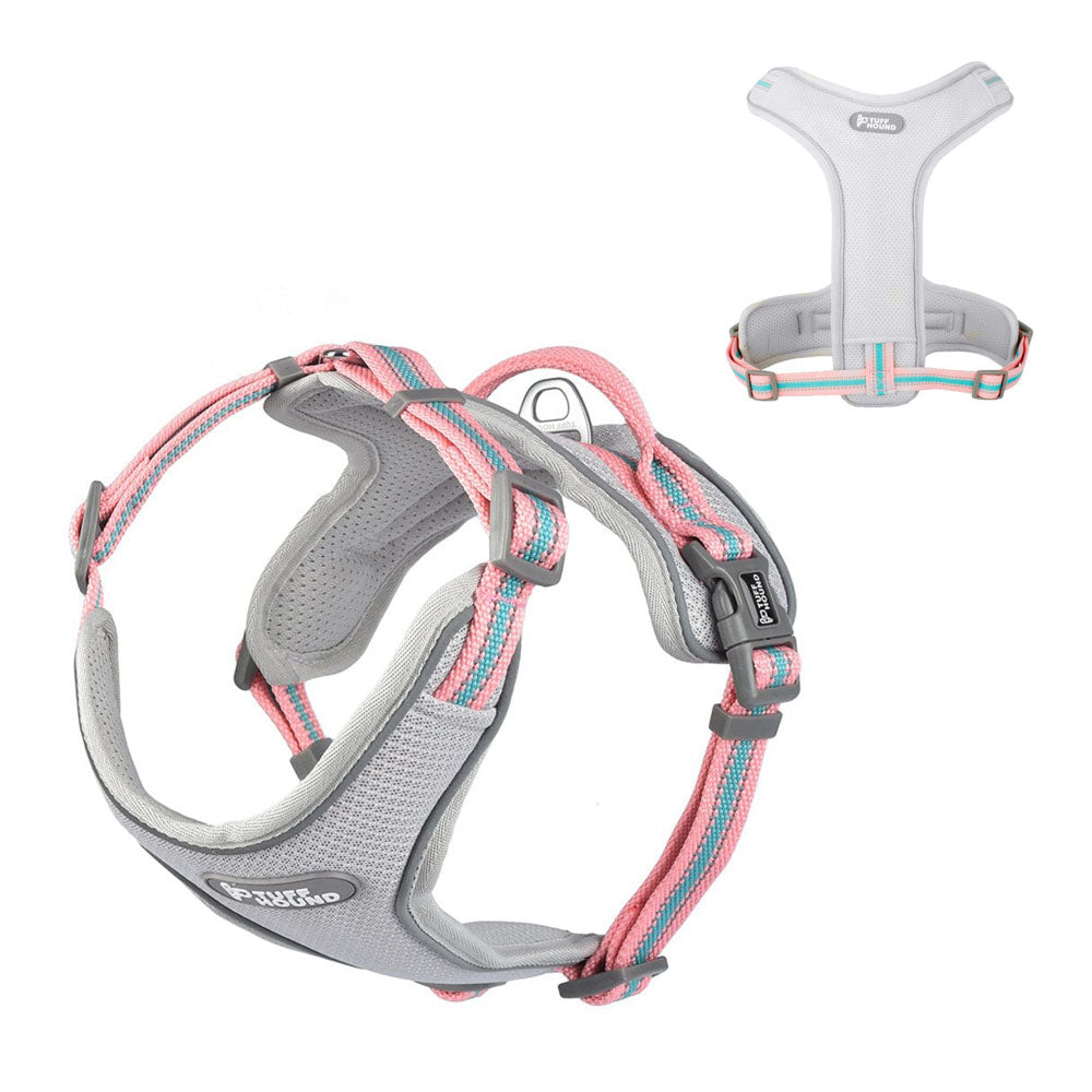 Gray TuffHound Prime™ - Dog Harness with 3d and bottom view on a white background.