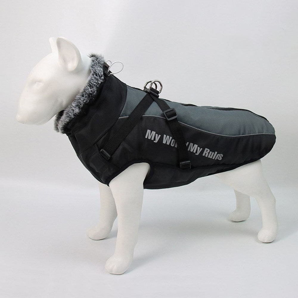 Gray DogSki Waterproof Jacket with Harness and fur collar in profile on a dog mannequin on white background.
