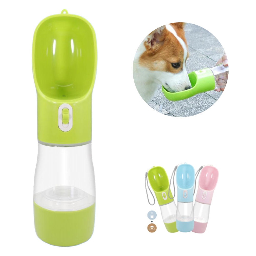 Green Treats™ - Multipurpose Pet Water Bottle with a green, blue and pink Treats™ - Multipurpose Pet Water Bottle on a white background a small dog drinking water out of a green Treats™ - Multipurpose Pet Water Bottle on a vivid background.