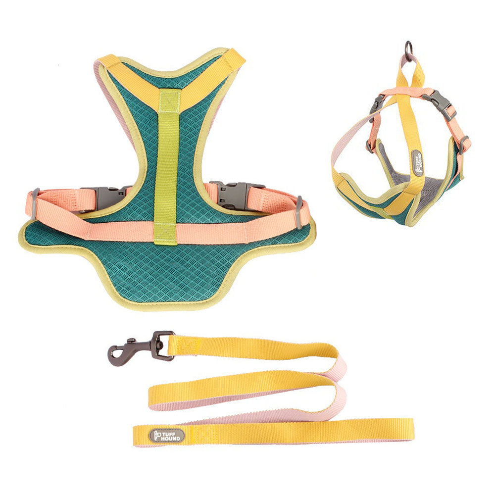 Green TuffHound Tone™ - Dog Harness & Leash Set top view and full 3D view on a white background.