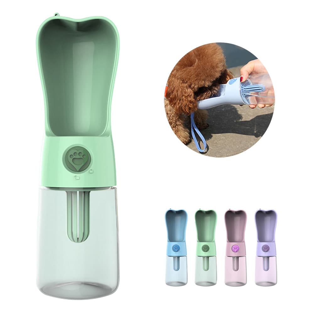 Green Heart™ - Pet Water Bottle with also a blue, green, pink and purple Heart™ - Pet Water Bottle on a white background and a small brown dog drinking water out of a blue Heart™ - Pet Water Bottle on a vivid background.