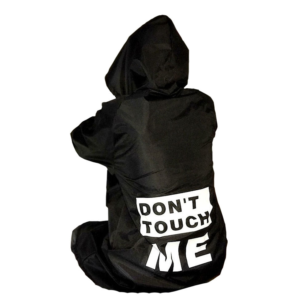 Human sitting in a black Menace™ - Matching Dog & Owner Raincoat, Medium and Large Dogs with hood and legs on a white background.