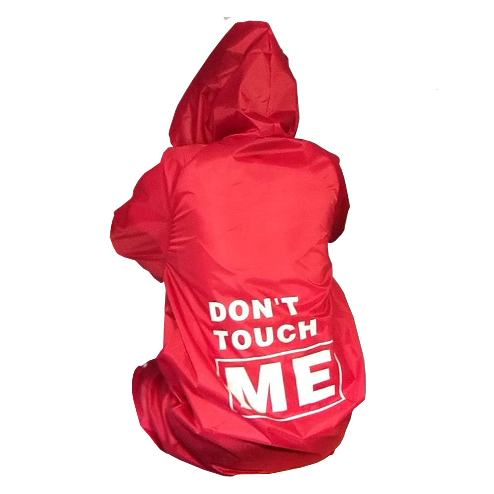 Human sitting in a red Menace™ - Matching Dog & Owner Raincoat, Medium and Large Dogs with hood and legs on a white background.