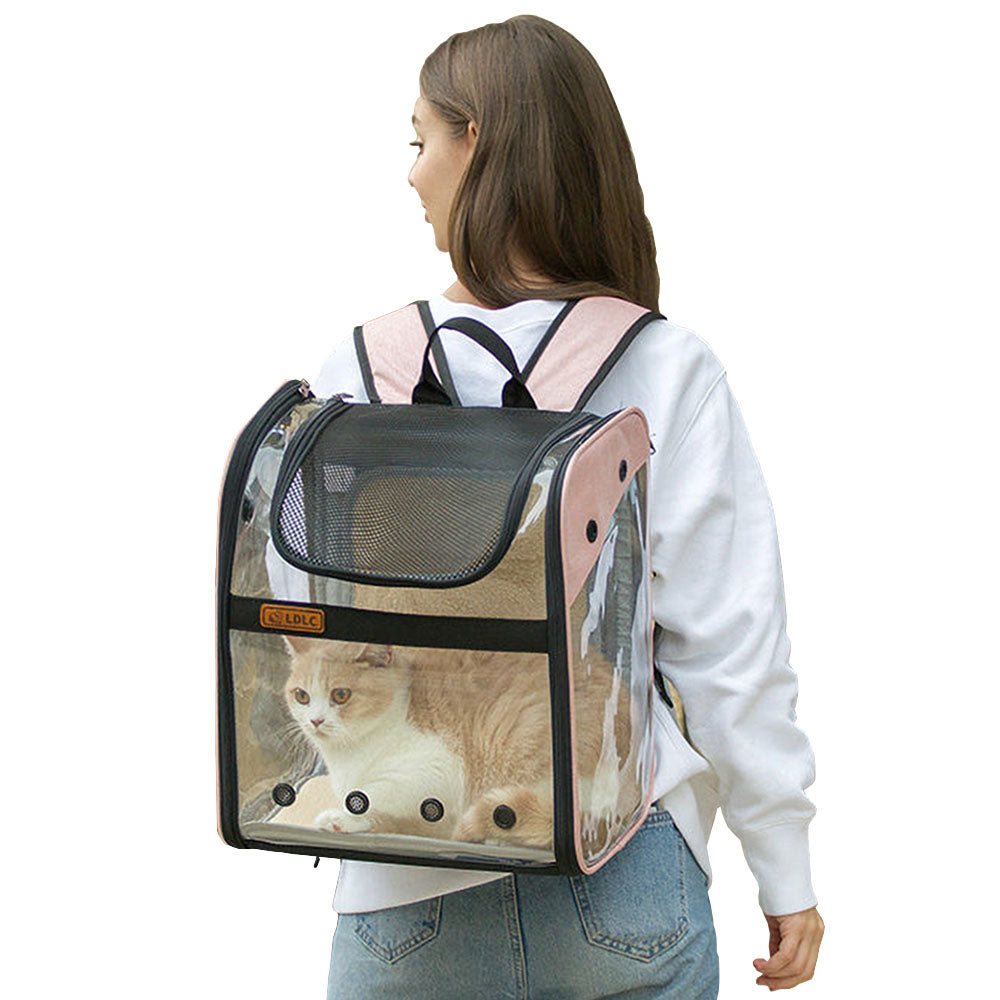 Orange and white cat inside a pink LD Loft Pet Backpack Carrier Expandable Transparent Airline-Approved being carried on a woman's back on a white background.  