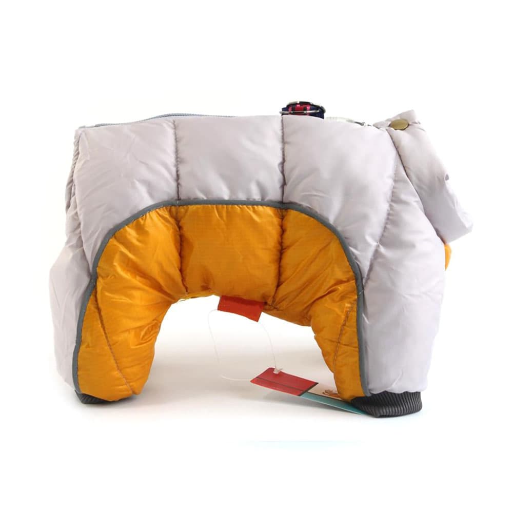 Orange/White DogSki Suit™ - Waterproof Winter Jacket Harness for Small to Medium Dogs with leash attachment on a white background.