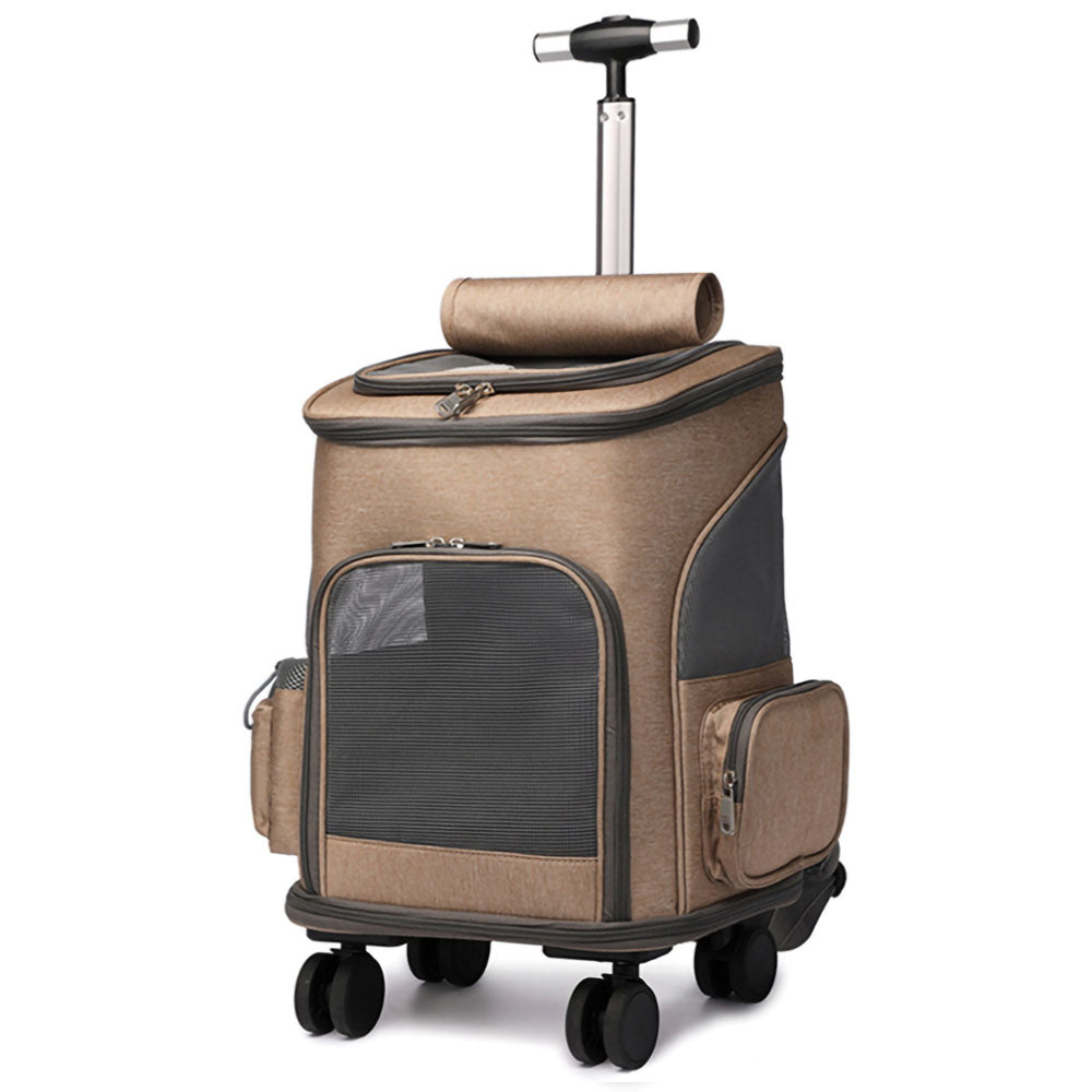 Khaki Lithe Pet Carrier Backpack - Wheeled Airline-Approved with handle, wheels and side pockets on a white background