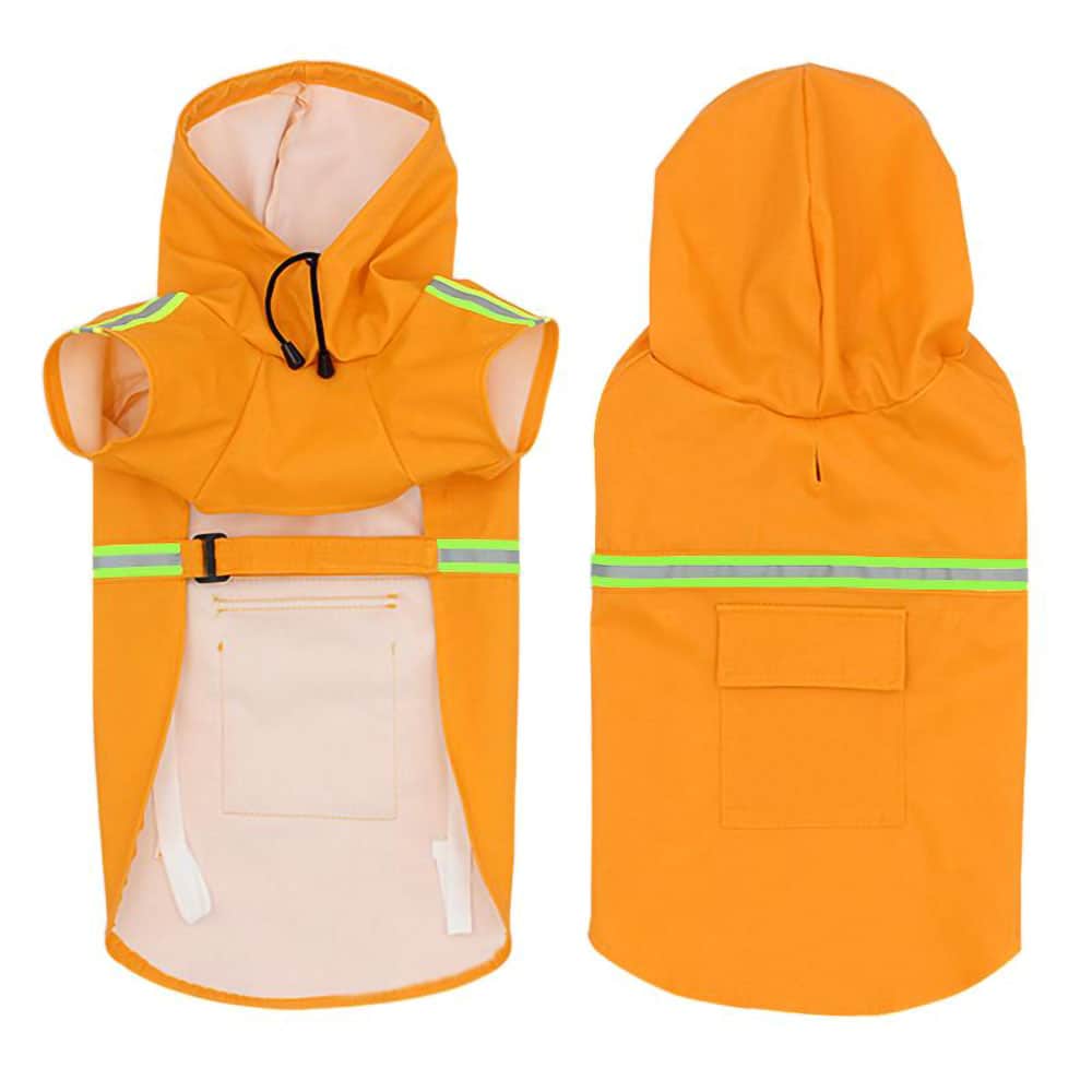 Front and back view of an orange Dog Raincoat With Leash/Harness Port and hood on a white background. 