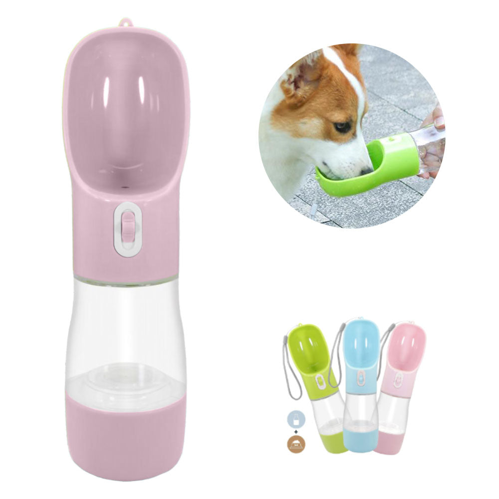 Pink Treats™ - Multipurpose Pet Water Bottle with a green, blue and pink Treats™ - Multipurpose Pet Water Bottle on a white background a small dog drinking water out of a green Treats™ - Multipurpose Pet Water Bottle on a vivid background.
