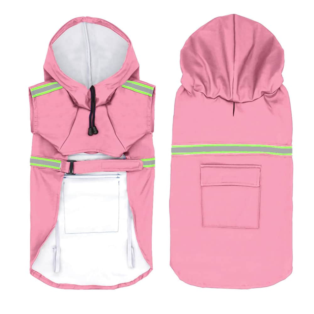Front and back view of a pink Dog Raincoat With Leash/Harness Port and hood on a white background. 