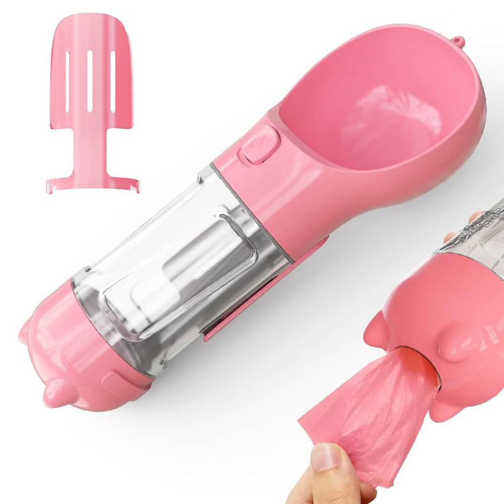 Pink Scooper™ - Dog Water Bottle with scooper detachment showing and a red bag being pulled out of the back on a white background.