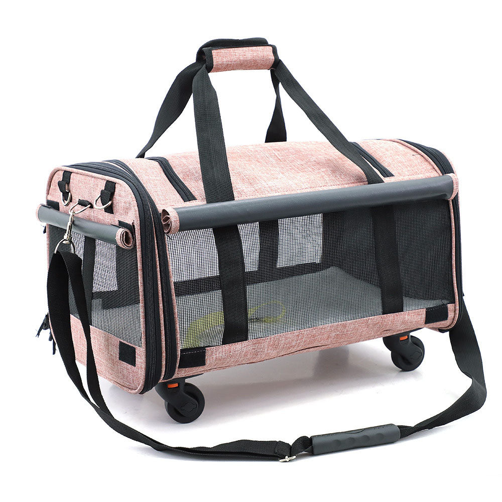 Airline-approved pet carrier roller pink variant on a white background with adjustable strap