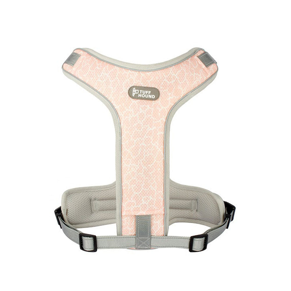 Pink TuffHound Prime™ - Dog Harness with 3d and bottom view on a white background.
