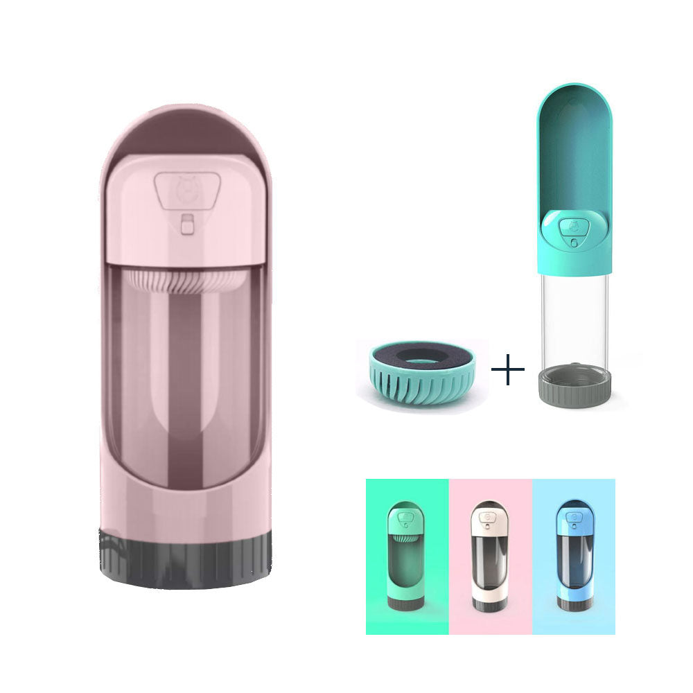 Pink portable, leak-proof pet water bottle with activated carbon (charcoal) filter on white background; Green portable, leak-proof pet water bottle with activated carbon (charcoal) filter separately placed on white background; Green, pink and blue portable, leak-proof pet water bottles with activated carbon (charcoal) filter on matching backgrounds