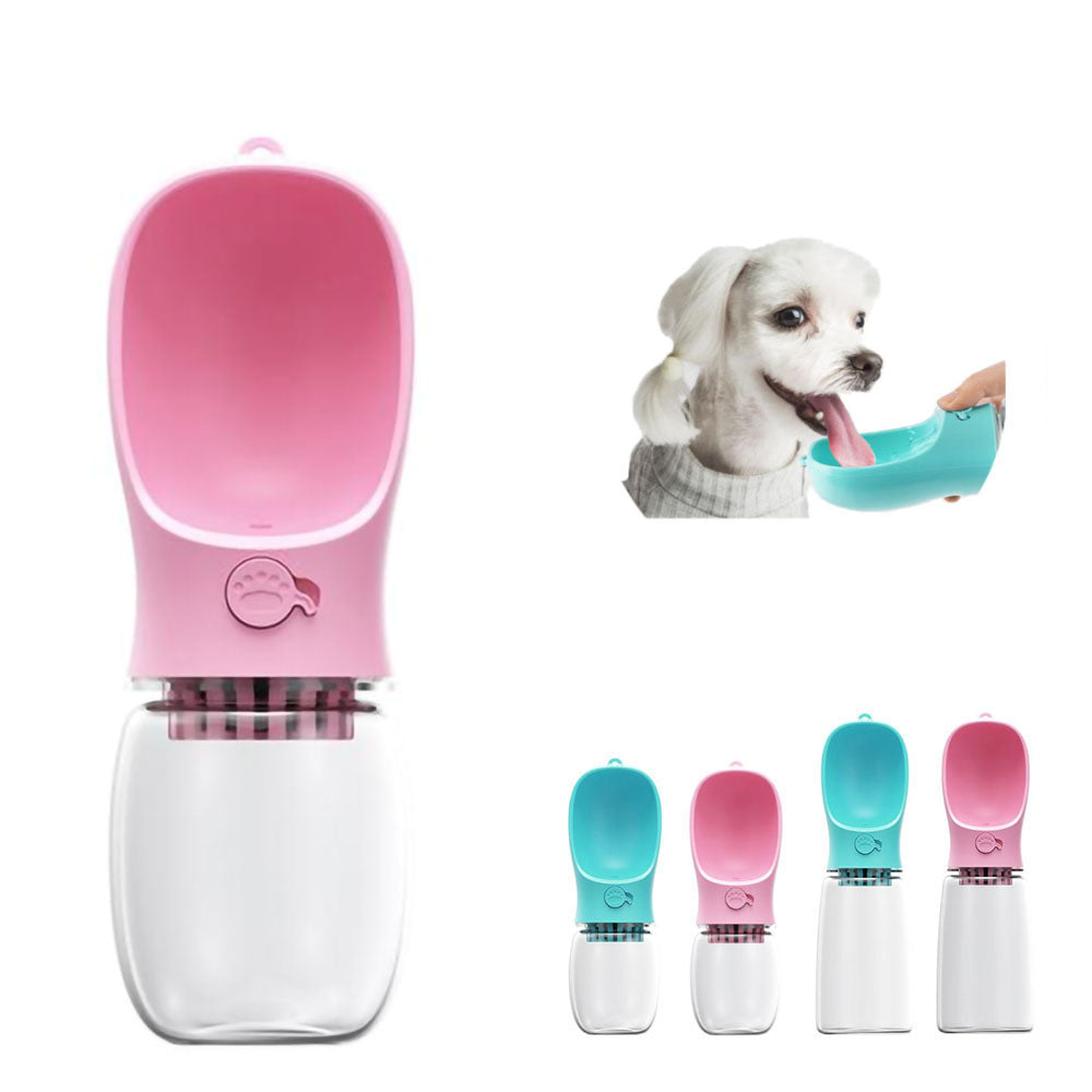Pink portable pet water bottle with activated charcoal filter size small on white background; Small white dog drinking water from blue portable pet water bottle with activated charcoal filter size small; blue and pink portable pet water bottles with activated charcoal filter variants small on white background, blue and pink portable pet water bottles with activated charcoal filter variants large on white background