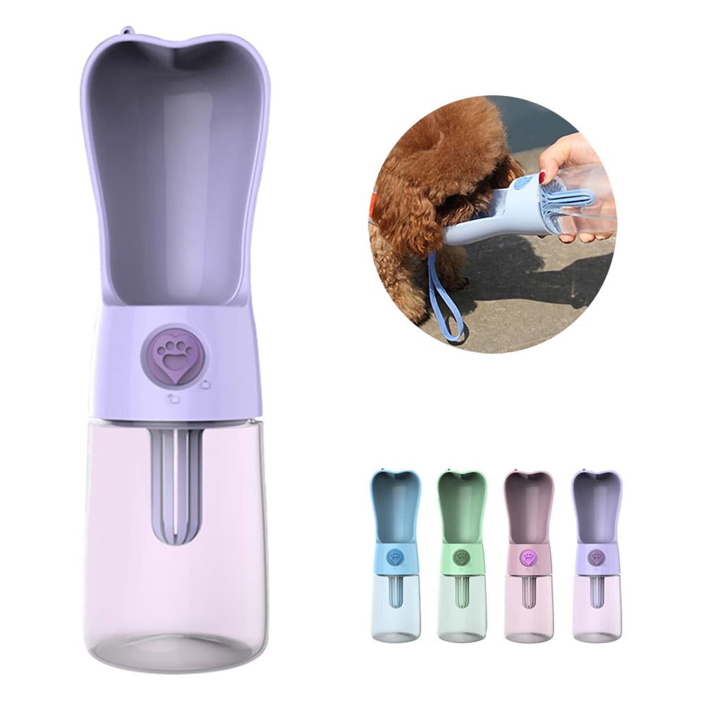 Purple Heart™ - Pet Water Bottle with also a blue, green, pink and purple Heart™ - Pet Water Bottle on a white background and a small brown dog drinking water out of a blue Heart™ - Pet Water Bottle on a vivid background.