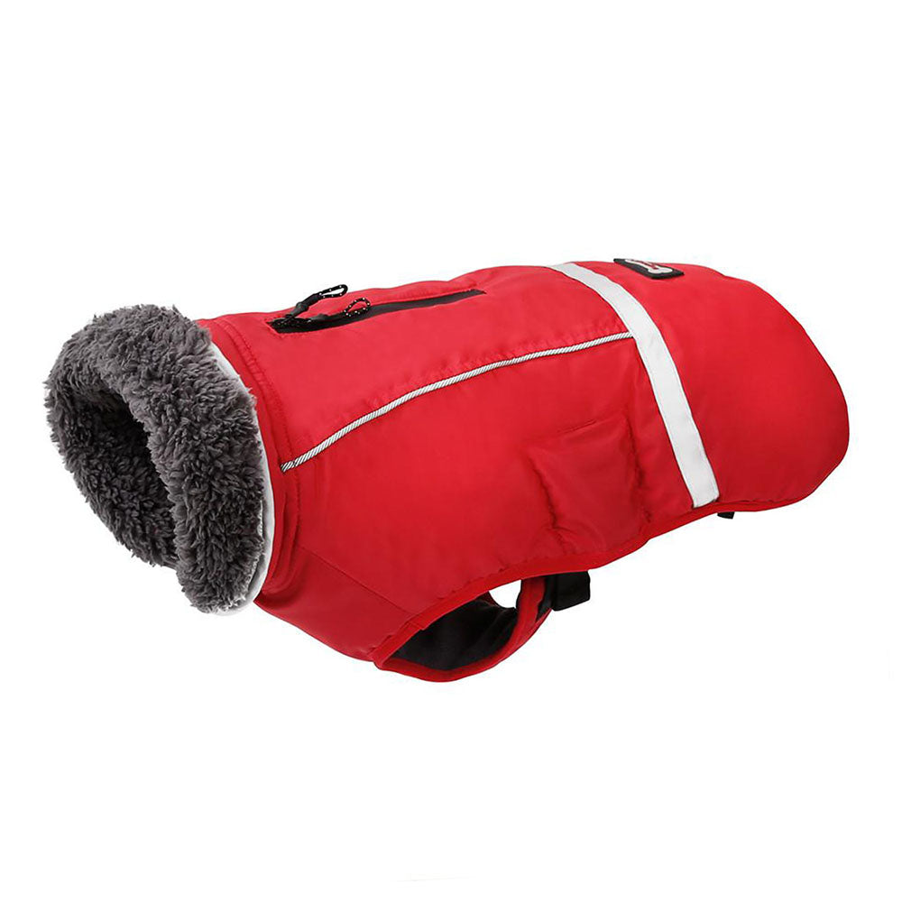 Red DogSki Max Winter Coat with Leash/Harness Port, underneath buckles and fur collar in profile on white background.