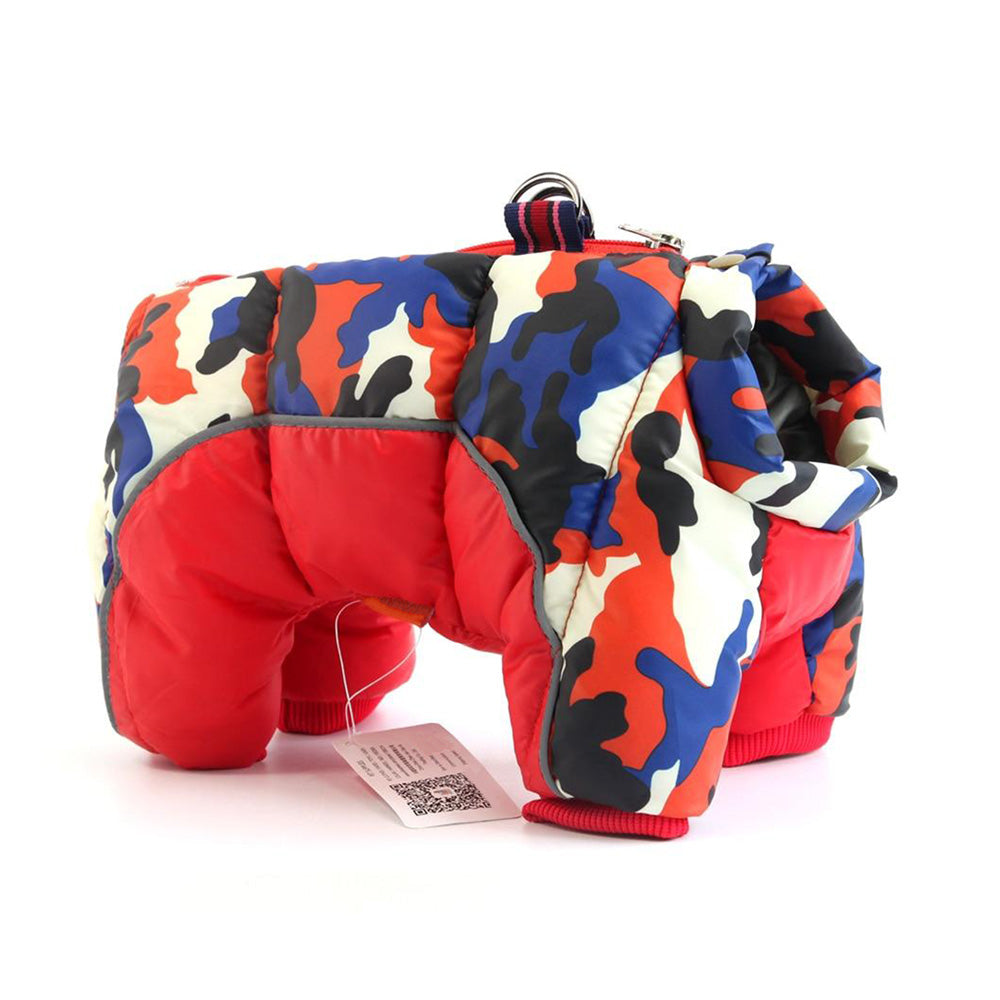 Red DogSki Suit™ - Waterproof Winter Jacket Harness for Small to Medium Dogs with leash attachment on white background
