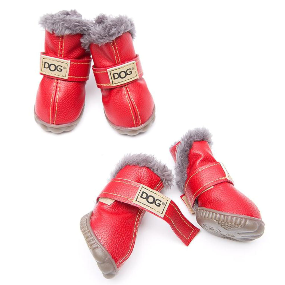 Lot of four red Pup Ugg™ - Dog Winter Shoes on a white background.