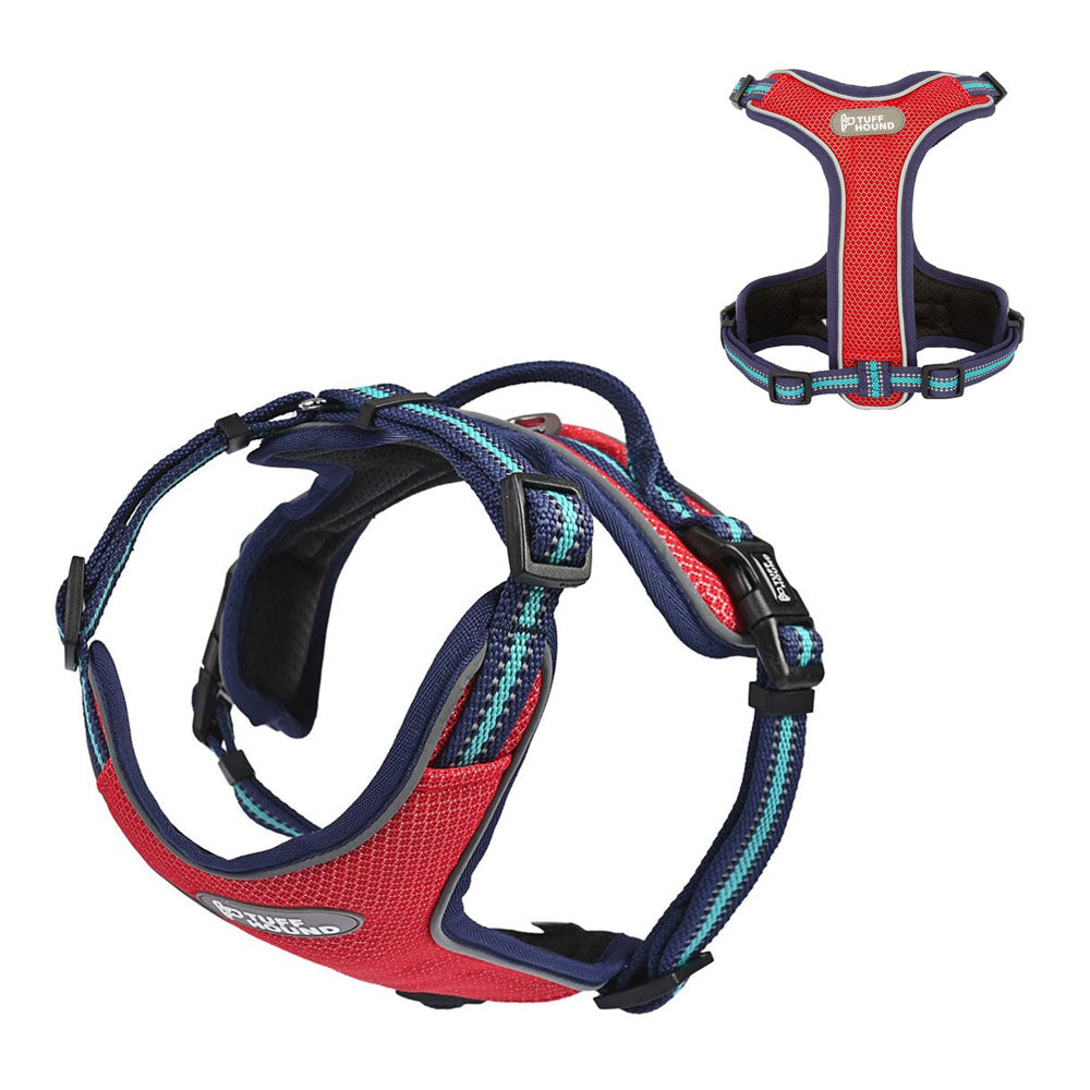 Red TuffHound Prime™ - Dog Harness with 3d and bottom view on a white background.