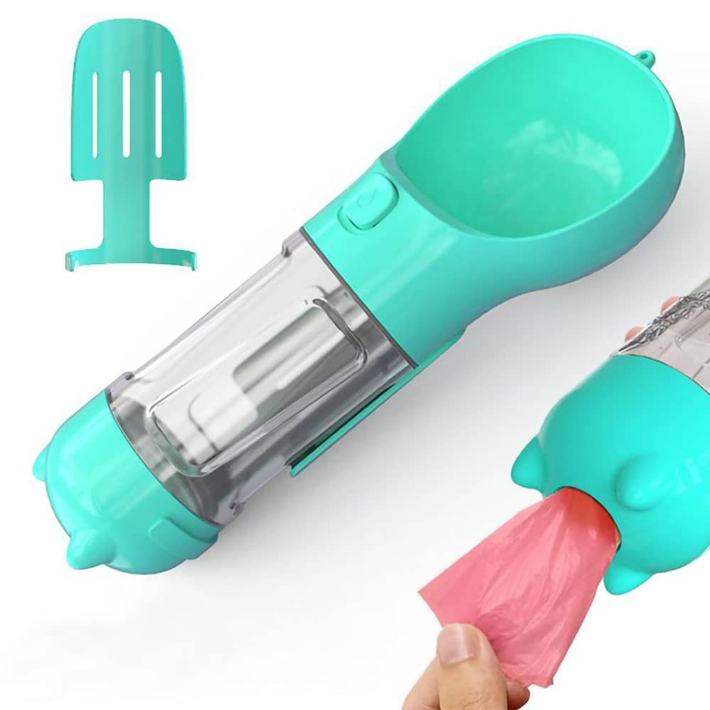 Teal Scooper™ - Dog Water Bottle with scooper detachment showing and a red bag being pulled out of the back on a white background.