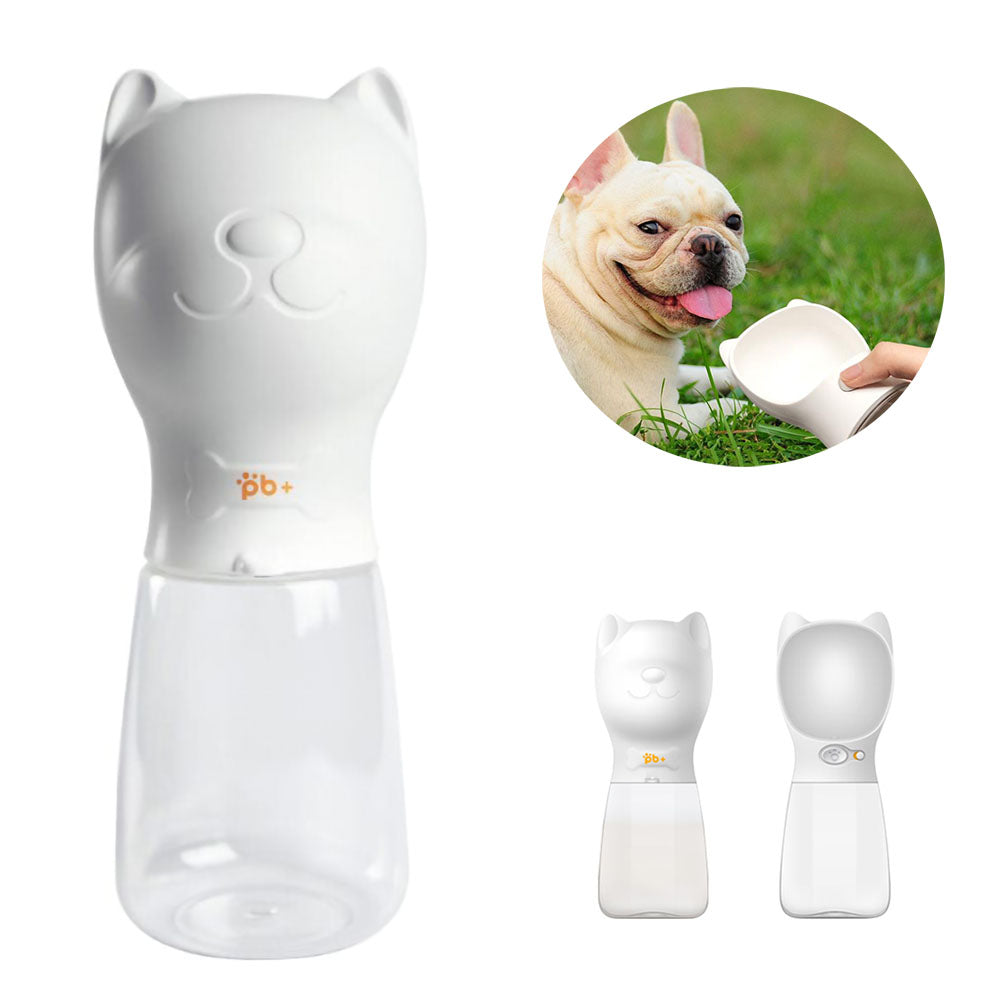 White pet water bottled designed for bulldogs on white background and a french bulldog and white pet water bottle on green grass