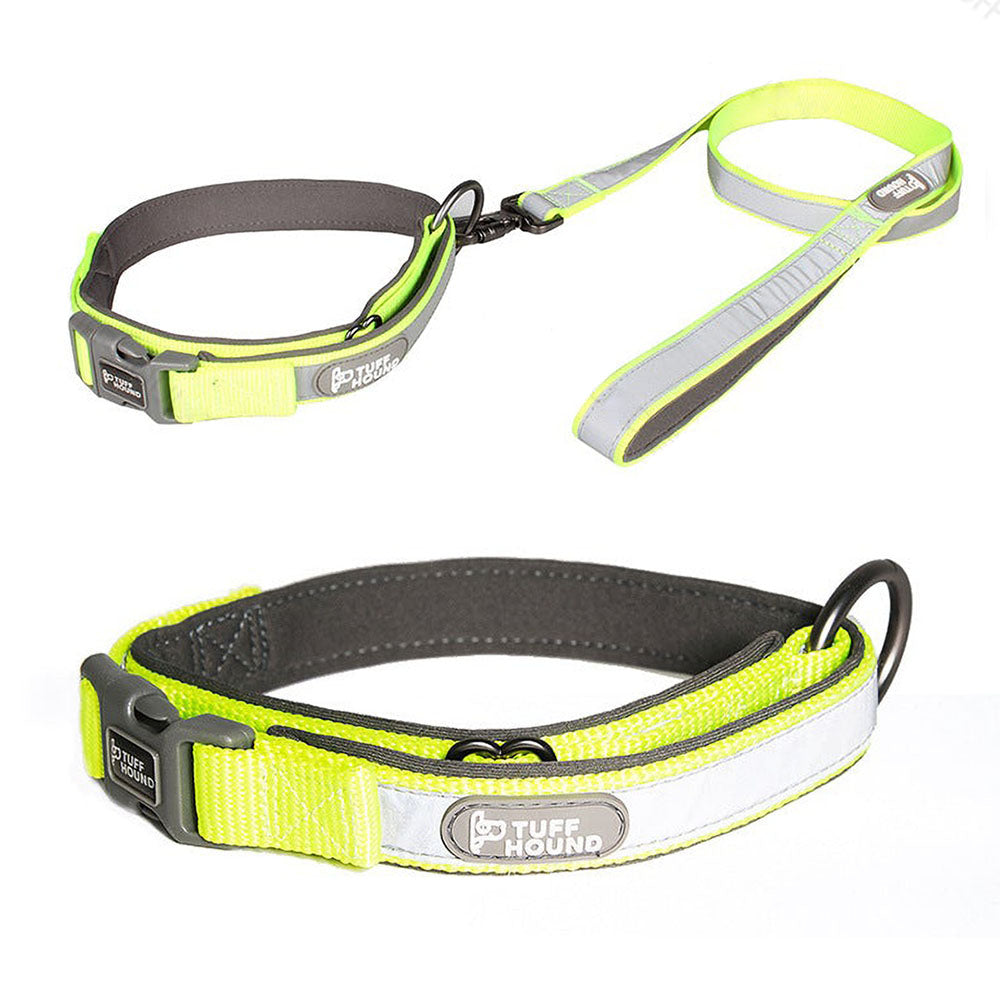 Yellow TuffHound Core™ - Reflective Dog Collar & Leash Set on a white background. 