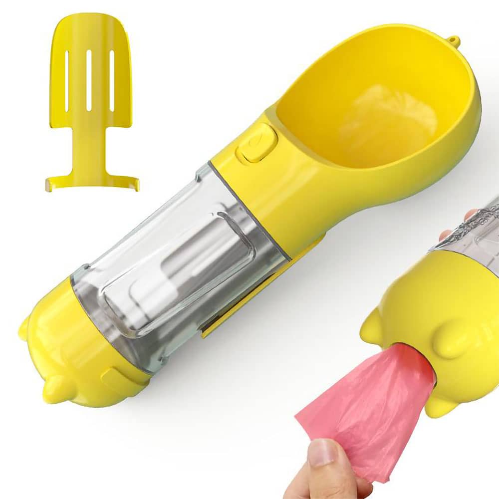Yellow Scooper™ - Dog Water Bottle with scooper detachment showing and a red bag being pulled out of the back on a white background.