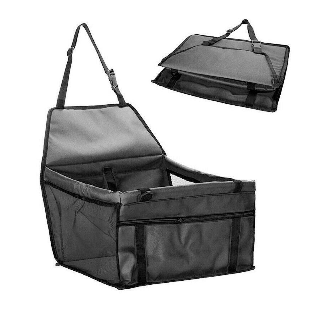 Black PawSofa™ - Pet Car Seat unfolded and folded on a white background.