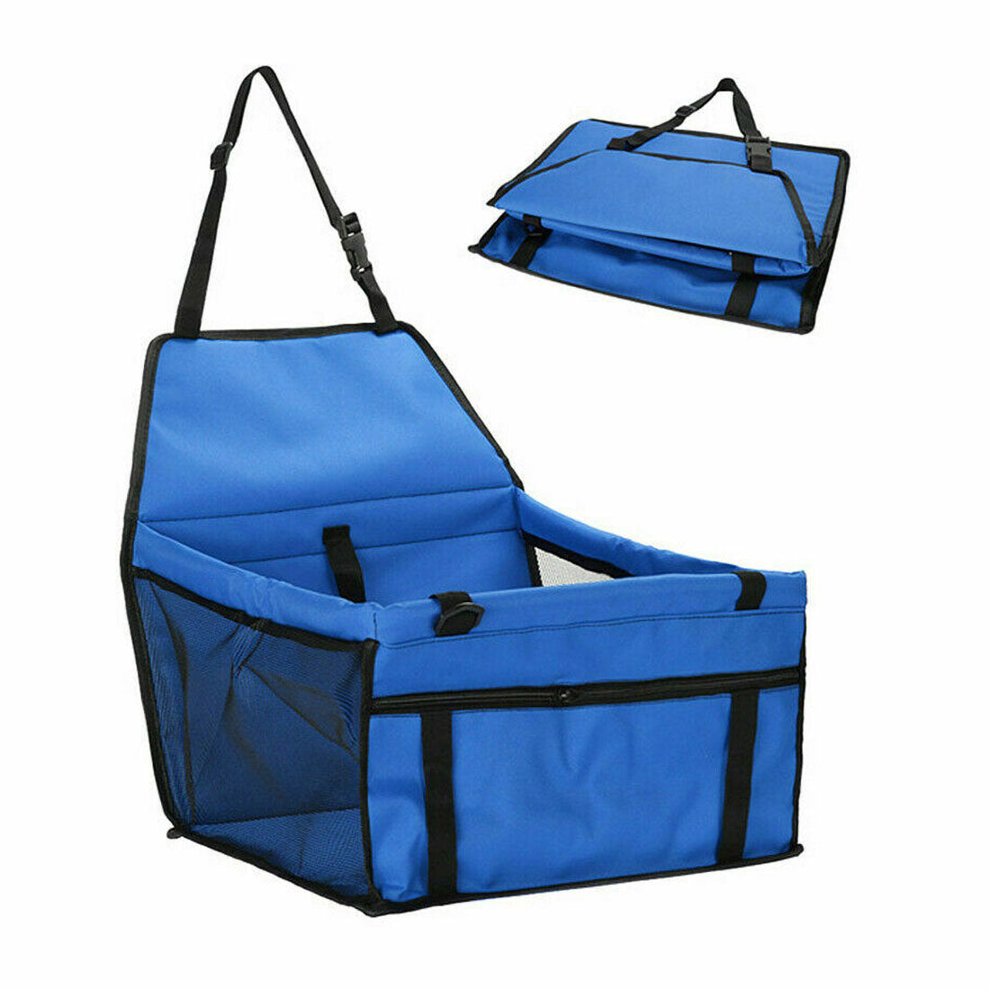 Blue PawSofa™ - Pet Car Seat unfolded and folded on a white background.