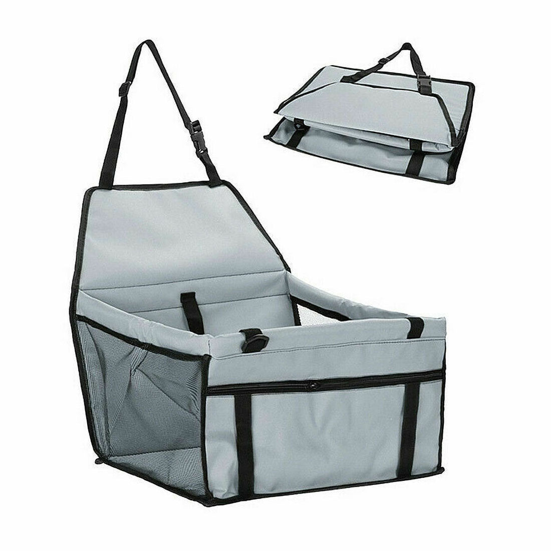 Grey PawSofa™ - Pet Car Seat unfolded and folded on a white background.