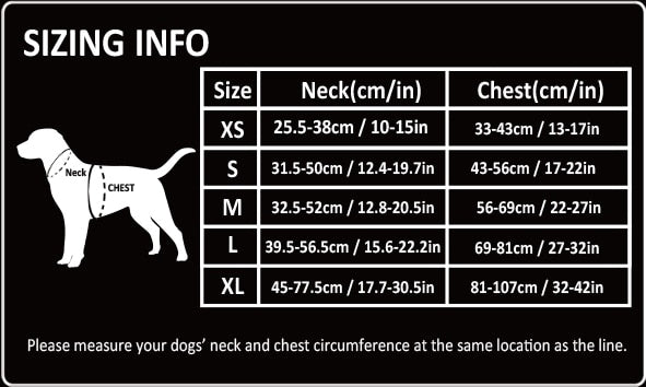 Truelove™ Harness + FREE Reflective Leash size chart on a black background.