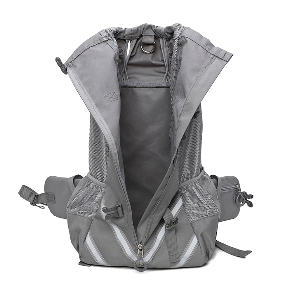 Unzipped and open gray Piggyback-Pack Pro™ - Pet Backpack Carrier on a white background.